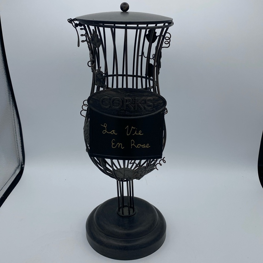Wine glass shape black metal cork collection holder w/ leaves and grapes 13”